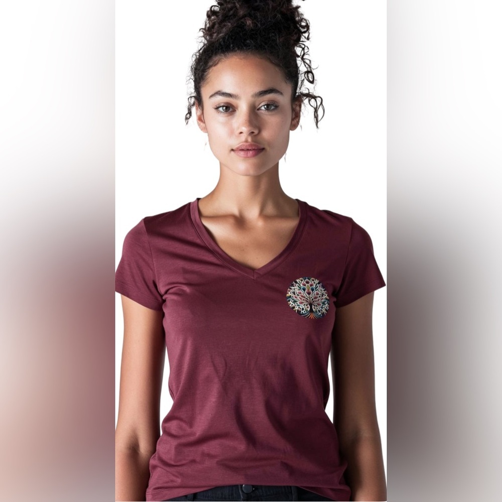 NEW-Large Maroon 
V-Neck Tee with Colorful 
“Tree of Life Design “